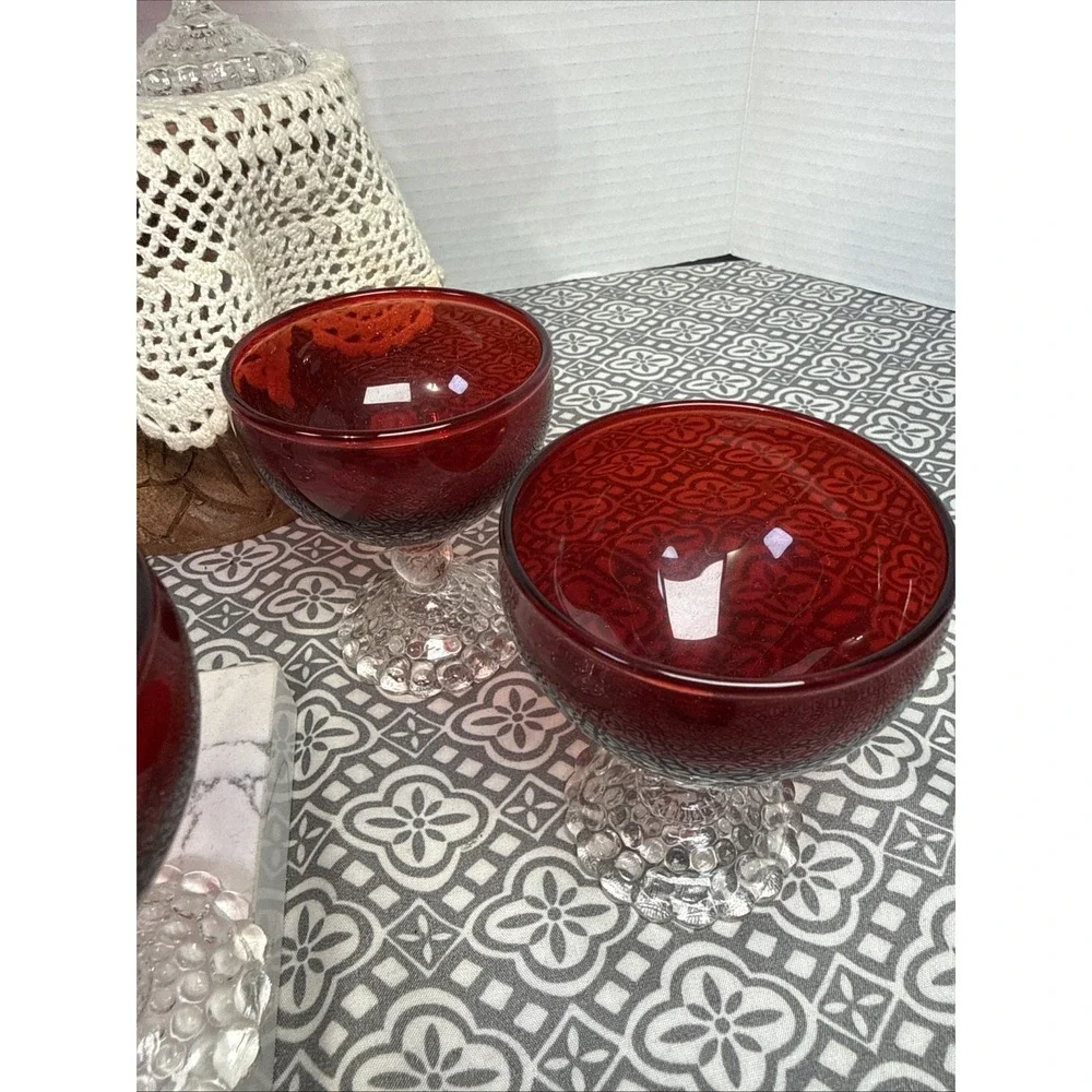 Vintage Set 8 Anchor Hocking Bubble Stem Champagne Sherbet Glasses Ruby Red 3.5